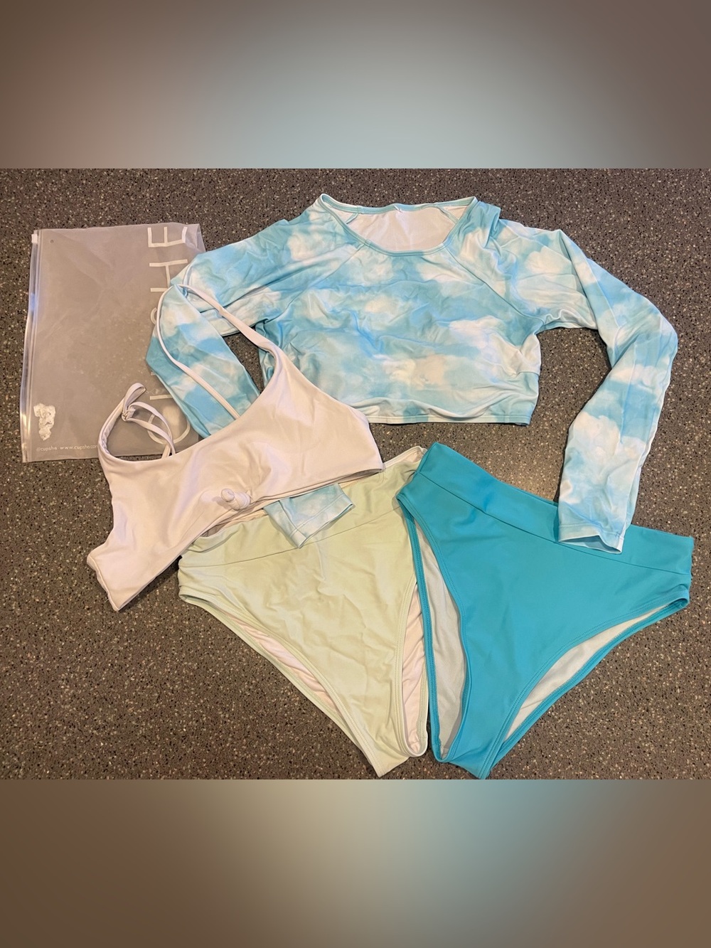 Cupshe Pastel Blue Tie-Dye Long Sleeve Rash Guard & Mixed Pastel Bikini Set